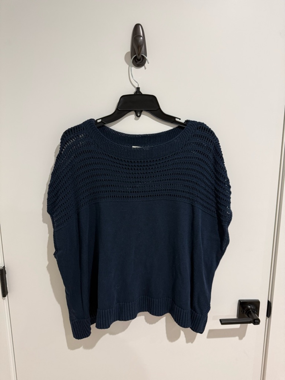Max Studio Navy Open-Stitch Crewneck Sweater